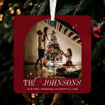 First Christmas Together Photo Elegant Red Script Metal Ornament<br><div class="desc">Elegant First Christmas family holiday ornament design in festive red and white with nostalgic script fonts. This fully editable Mr & Mrs Christmas ornament design includes space for one photo, your family name as well as space to add your personalized message - can be used for your first Christmas as...</div>