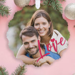 First Christmas together photo love script modern Ornament Card<br><div class="desc">Upload your favourite photo (preferably square),  insert your text,  names,  and date,  and make these trendy modern pink Christmas tree ornament card a keepsake gift to remind you of your relationship,  engagement,  wedding,  or any other couple's anniversary!</div>