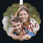 First Christmas together photo love script red Ornament Card<br><div class="desc">Upload your favourite photo (preferably square),  insert your text,  names,  and date,  and make these trendy modern dark red burgundy Christmas tree ornament card a keepsake gift to remind you of your relationship,  engagement,  wedding,  or any other couple's anniversary!</div>