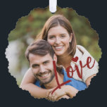 First Christmas together photo love script red Ornament Card<br><div class="desc">Upload your favourite photo (preferably square),  insert your text,  names,  and date,  and make these trendy modern dark red burgundy Christmas tree ornament card a keepsake gift to remind you of your relationship,  engagement,  wedding,  or any other couple's anniversary!</div>