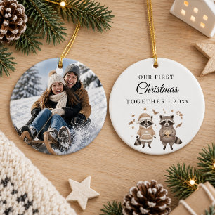 First Christmas Together Photo Raccoon Couple Ceramic Ornament