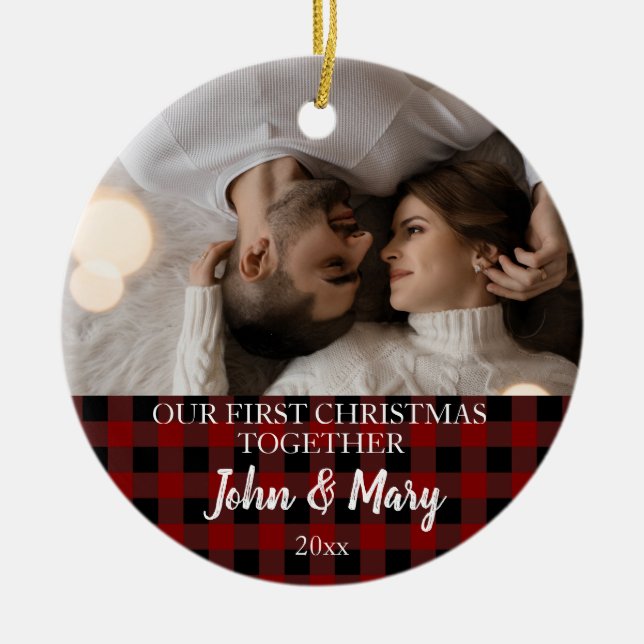 First Christmas together Photo red plaid Ceramic Ornament (Front)