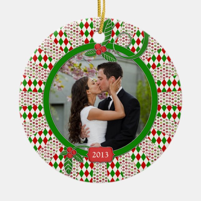 First Christmas Together Photo Unique Red Green Ceramic Ornament (Front)