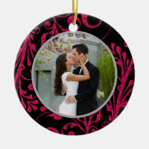 First Christmas Together Pink Black Photo Ceramic Ornament