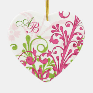 First Christmas Together Pink Green Wedding Heart Ceramic Ornament