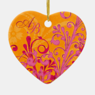 First Christmas Together Pink Orange Wedding Heart Ceramic Ornament