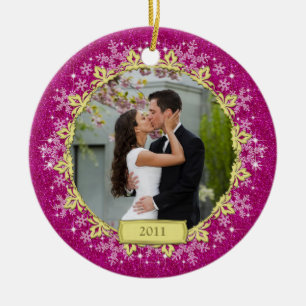First Christmas Together Pink Snowflake Photo Ceramic Ornament