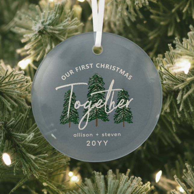 First Christmas Together Rustic Trees Couples Glass Ornament (Insitu)