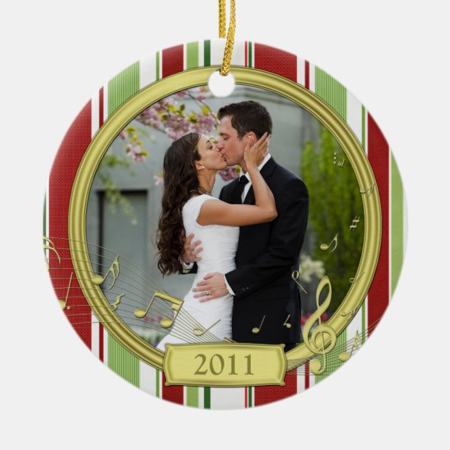 First Christmas Together Stripe Music Photo Ceramic Ornament (Front)