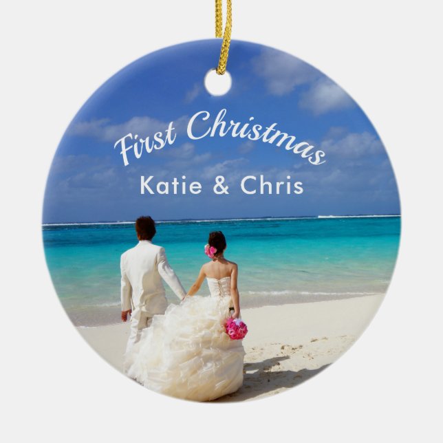 First Christmas Tropical Paradise Wedding Ceramic Ornament (Front)