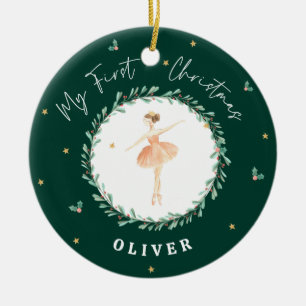 First Christmas watercolor ballerina green Ceramic Ornament