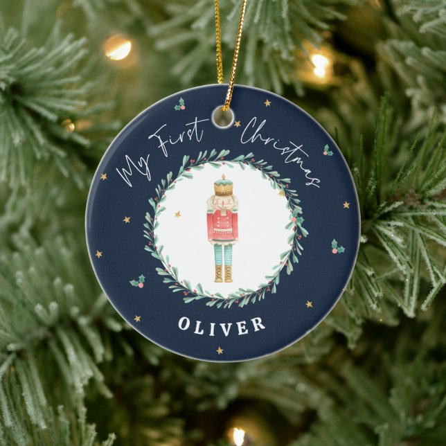 First Christmas watercolor nutcracker navy blue Ceramic Ornament (Tree)