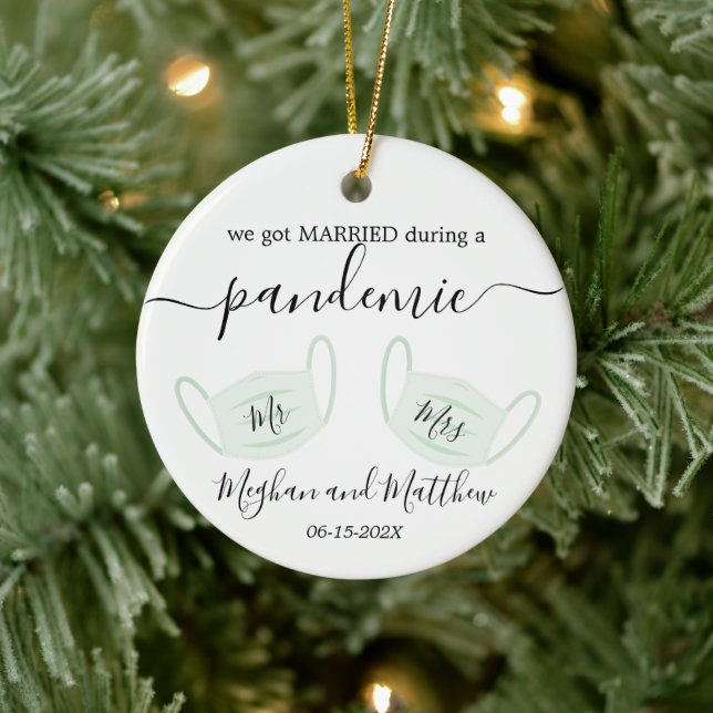First Christmas Wedding pandemic quarantine masks Ceramic Ornament (Tree)