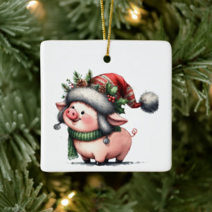 First Christmas Whimsical Cute Pig Customized Ceramic Ornament