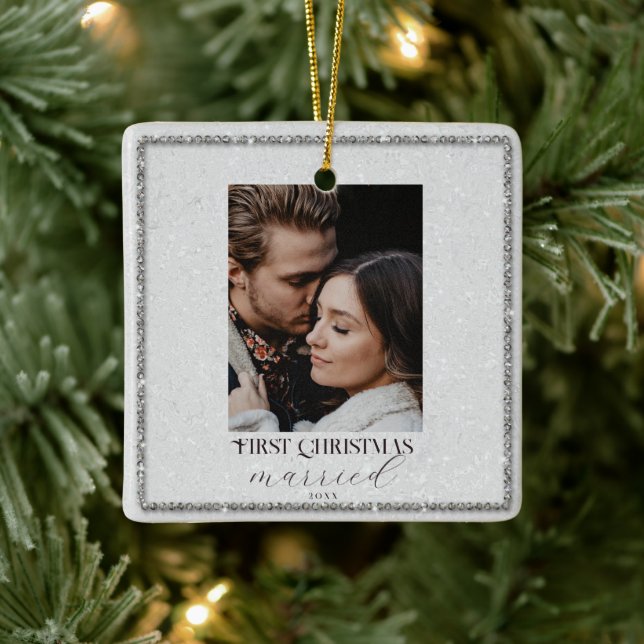 First Christmas White Glitter Frame Couple Photo Ceramic Ornament (Tree)