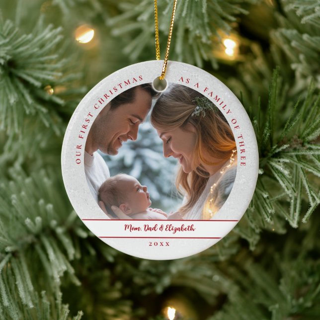 First Christmas White Red First Family Baby Photo Ceramic Ornament (Tree)