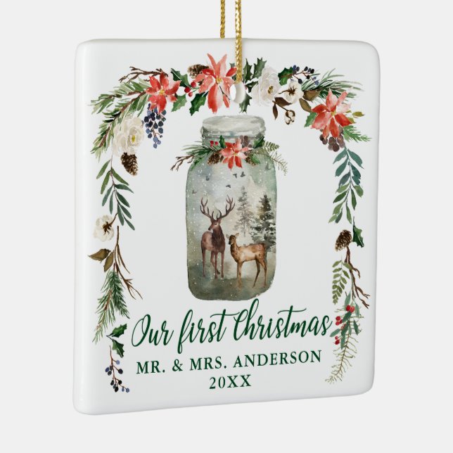First Christmas Winter Deer Green PHOTO BACK Ceramic Ornament (Right)