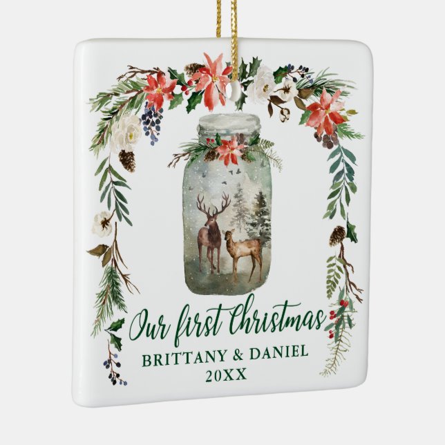 First Christmas Winter Deers Green PHOTO BACK Ceramic Ornament (Right)
