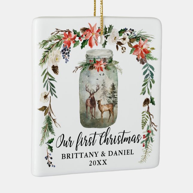 First Christmas Winter Floral Deers PHOTO BACK Ceramic Ornament (Right)