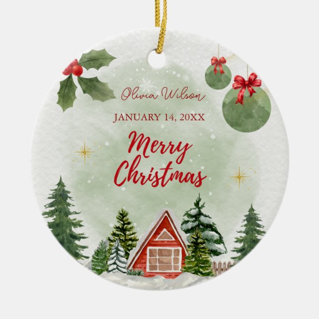 First Christmas with Birth Stats Photo Ceramic Ornament (Front)