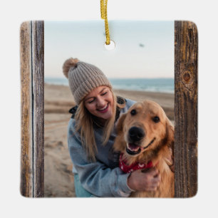 First Christmas With Dog Photo Rustic Brown Wood Ceramic Ornament