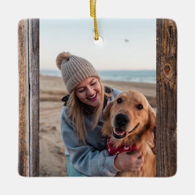 First Christmas With Dog Photo Rustic Brown Wood Ceramic Ornament (Front)