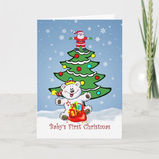 First Christmas with tree, Santa, Teddy Bear card (Front)