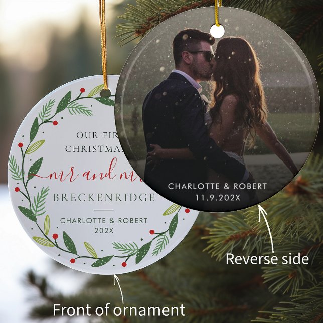 First Christmas Wreath Botanical Wedding Photo Ceramic Ornament (Our First Christmas as Mr and Mrs Photo Botanical Wreath Circle Ornament )