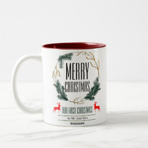 First Christmas Wreath holidays Script Family   Two-Tone Coffee Mug