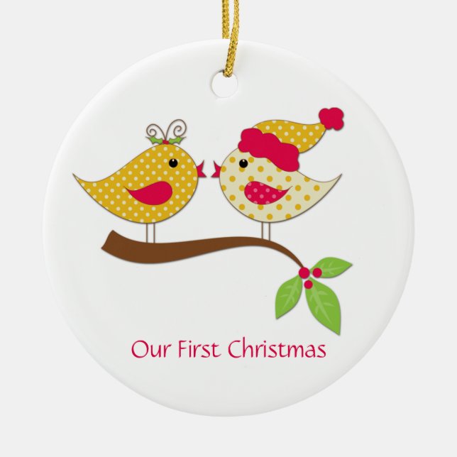 First Christmas Yellow Polka Dot Love Birds Ceramic Ornament (Front)