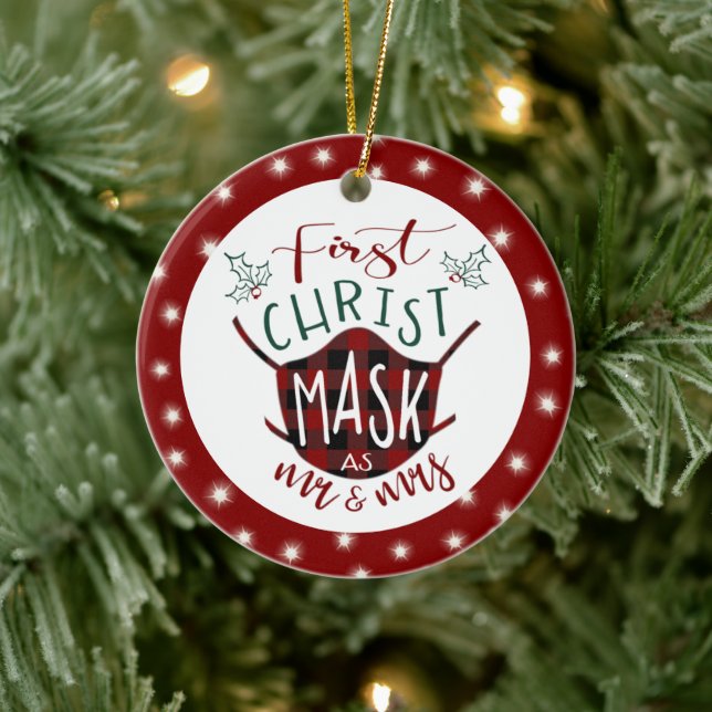 First ChristMASK as Mr and Mrs Buffalo Check Photo Ceramic Ornament (Tree)