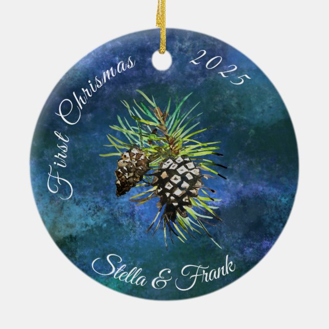 First Chrstmas together decoration, pine cone Ceramic Ornament (Back)