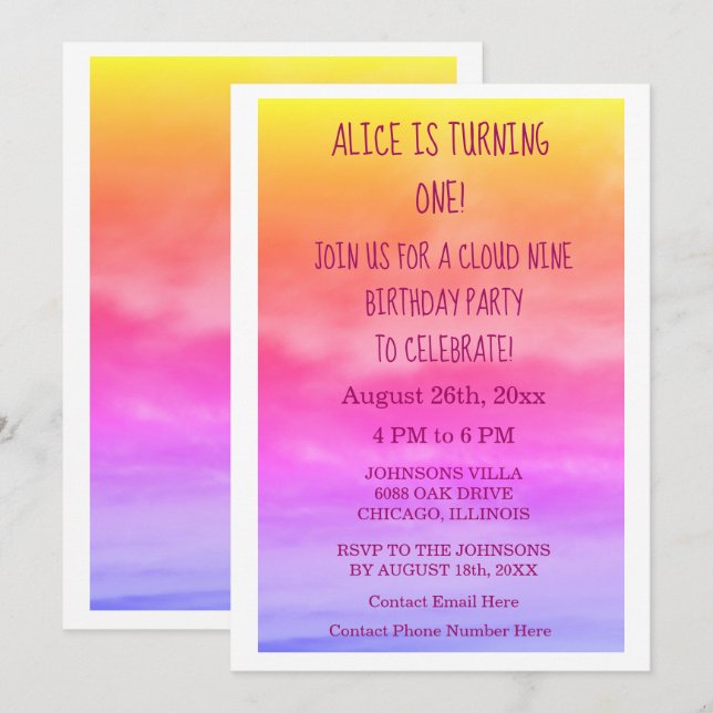 First Cloud Nine Girls Birthday Party 1st Pink Art Invitation (Front/Back)