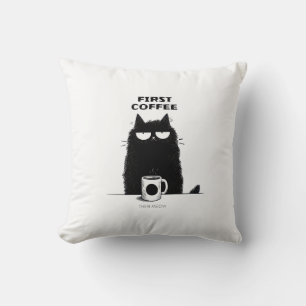 First Coffee Then Meow – Funny Cat Coffee Lover Throw Pillow