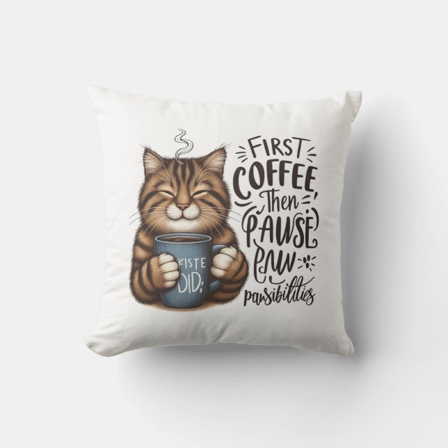 First Coffee Then Pawsibilities Cat Lover Throw Pillow (Front)