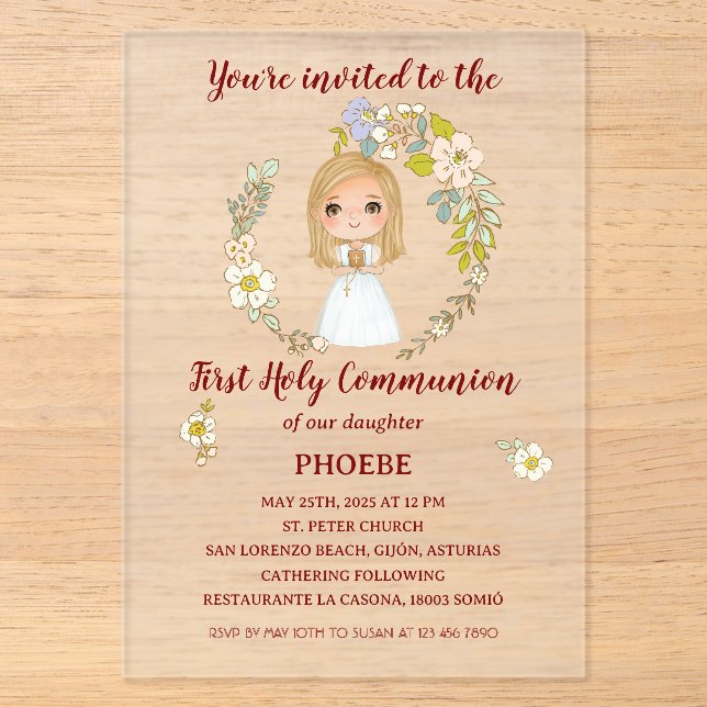 First Communion acrylic invitation PHOEBE (Front)