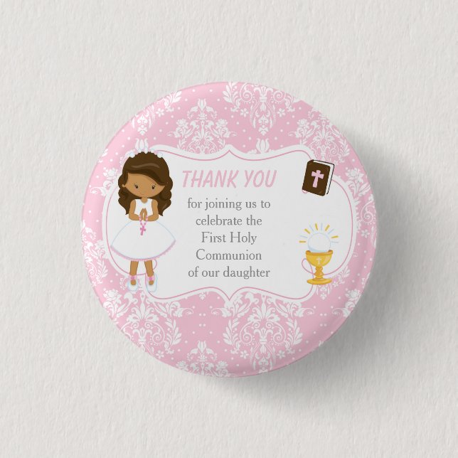 First Communion African American Girl Thank You 1 Inch Round Button (Front)
