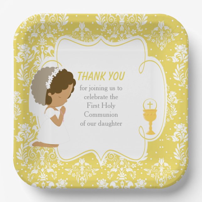First Communion African American Gold Damask Paper Plate (Front)