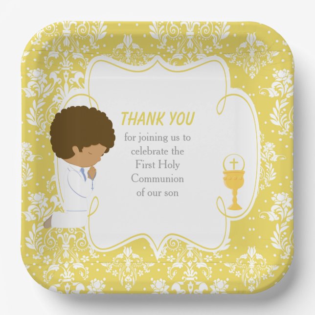 First Communion African American Gold Damask Paper Plate (Front)