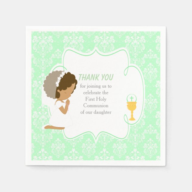 First Communion African American Green Damask Napkin (Front)
