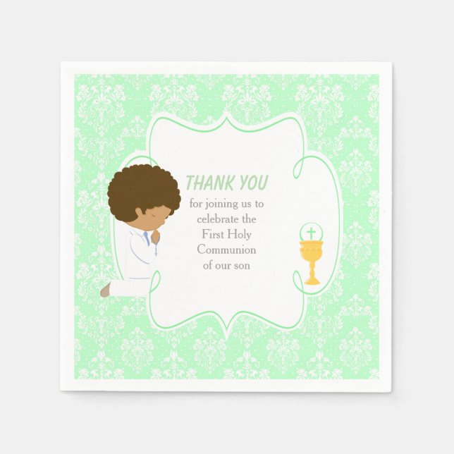 First Communion African American Green Damask Napkin (Front)