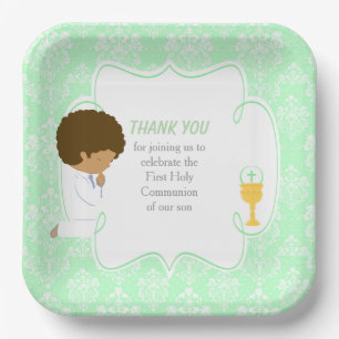First Communion African American Green Damask Paper Plate