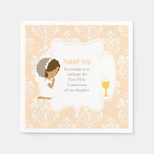 First Communion African American Peach Damask Napkin (Front)
