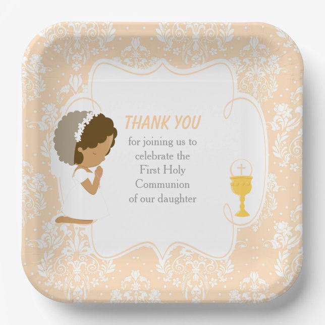 First Communion African American Peach Damask Paper Plate (Front)