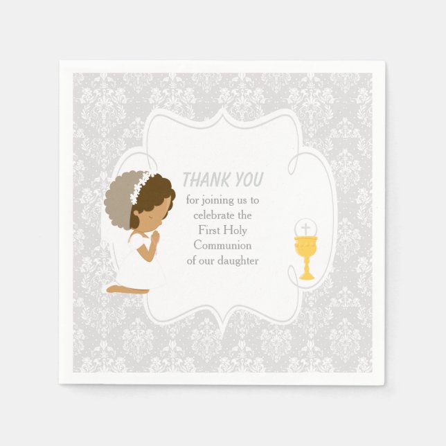 First Communion African American Silver Damask Napkin (Front)
