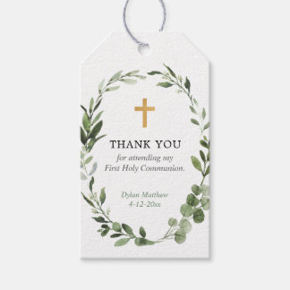 First Communion baptism gold greenery favour tags