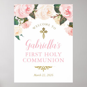 First Communion & Baptism, Pink Floral Gold Poster