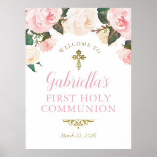First Communion & Baptism, Pink Floral Gold Poster