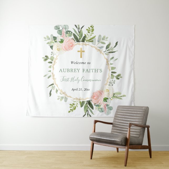 First communion baptism pink gold backdrop sign tapestry (In Situ (Horizontal))