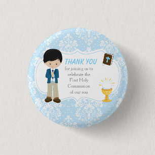 First Communion Black Hair Boy Thank You 1 Inch Round Button